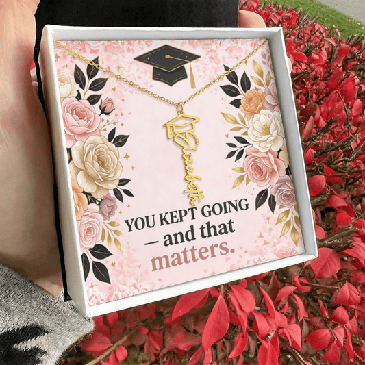 Shop our you kept going and that matters graduation cap name necklace featuring the Polished Stainless Steel style option from MySisterIsASurvivor.