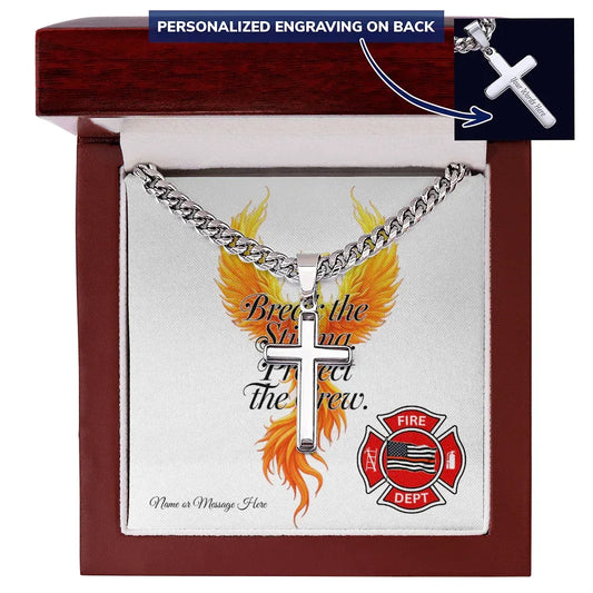 Firefighter cross necklace with Break the Stigma Protect the Crew message for first responder mental health