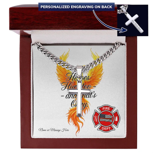 Firefighter cross necklace with Heroes Hurt Too And That’s Okay mental health awareness message