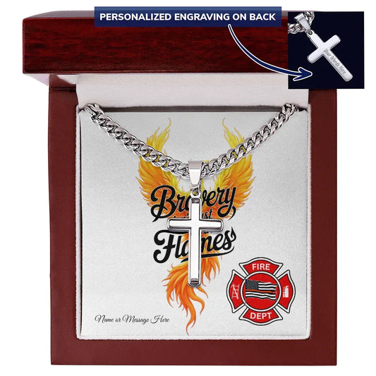 Firefighter cross necklace with Bravery Isn't Just in the Flames message for mental health and resilience