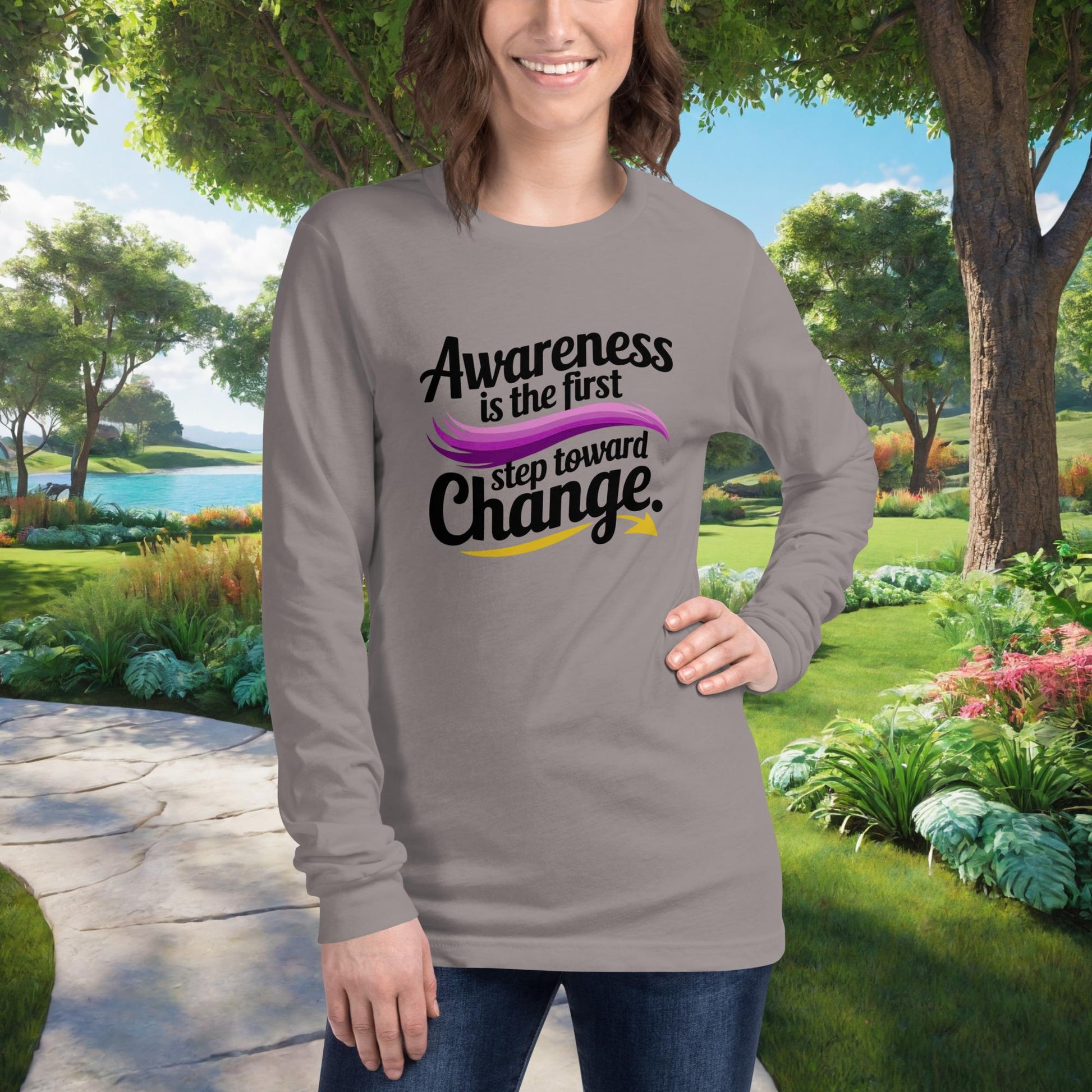 Awareness Is The First Step Toward Change on Unisex Long Sleeve T-Shirt, survivor empowerment, domestic violence awareness tee