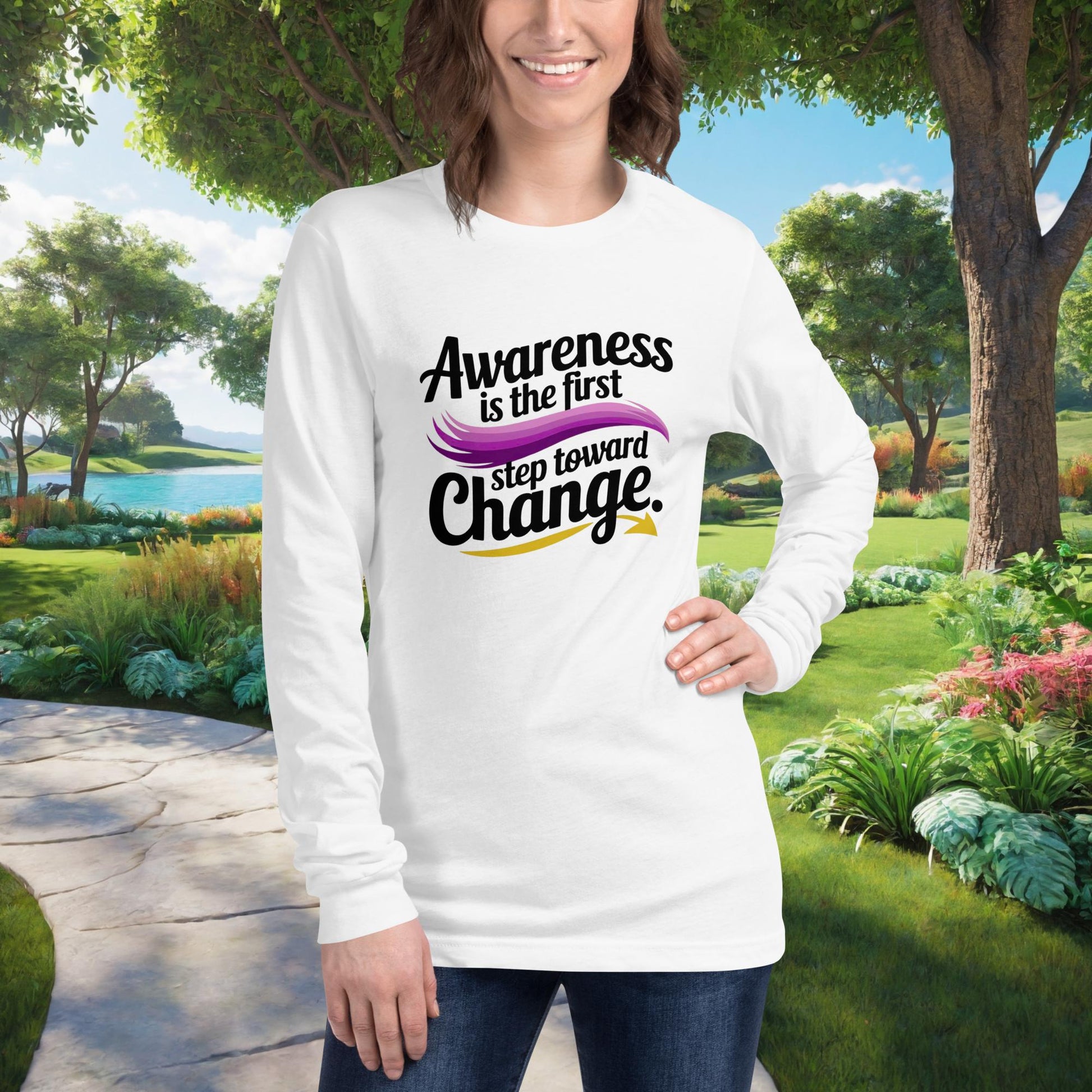 Awareness Is The First Step Toward Change on Unisex Long Sleeve T-Shirt, survivor empowerment, domestic violence awareness tee