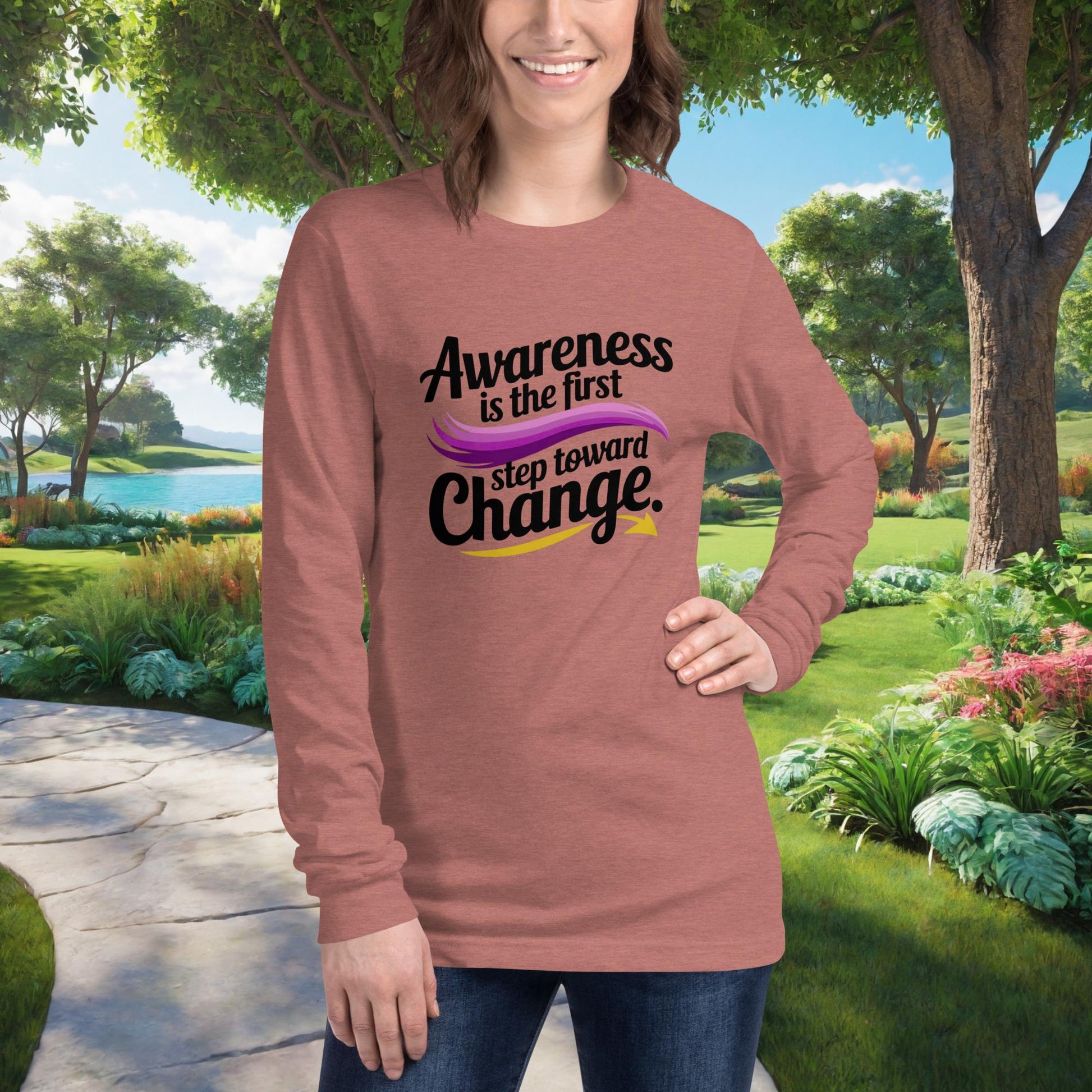 Awareness Is The First Step Toward Change on Unisex Long Sleeve T-Shirt, survivor empowerment, domestic violence awareness tee