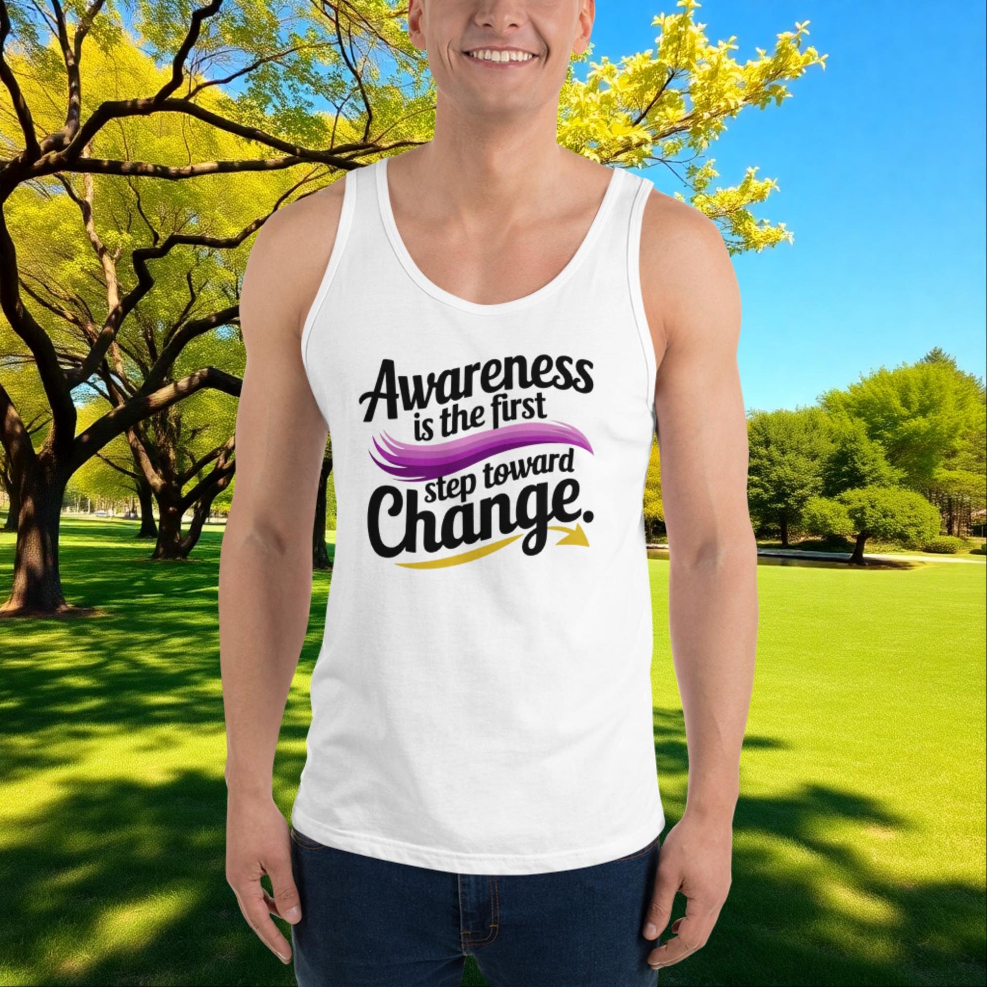 Awareness Is First Step Toward Change quote unisex tank top for survivors, advocates, and domestic violence support