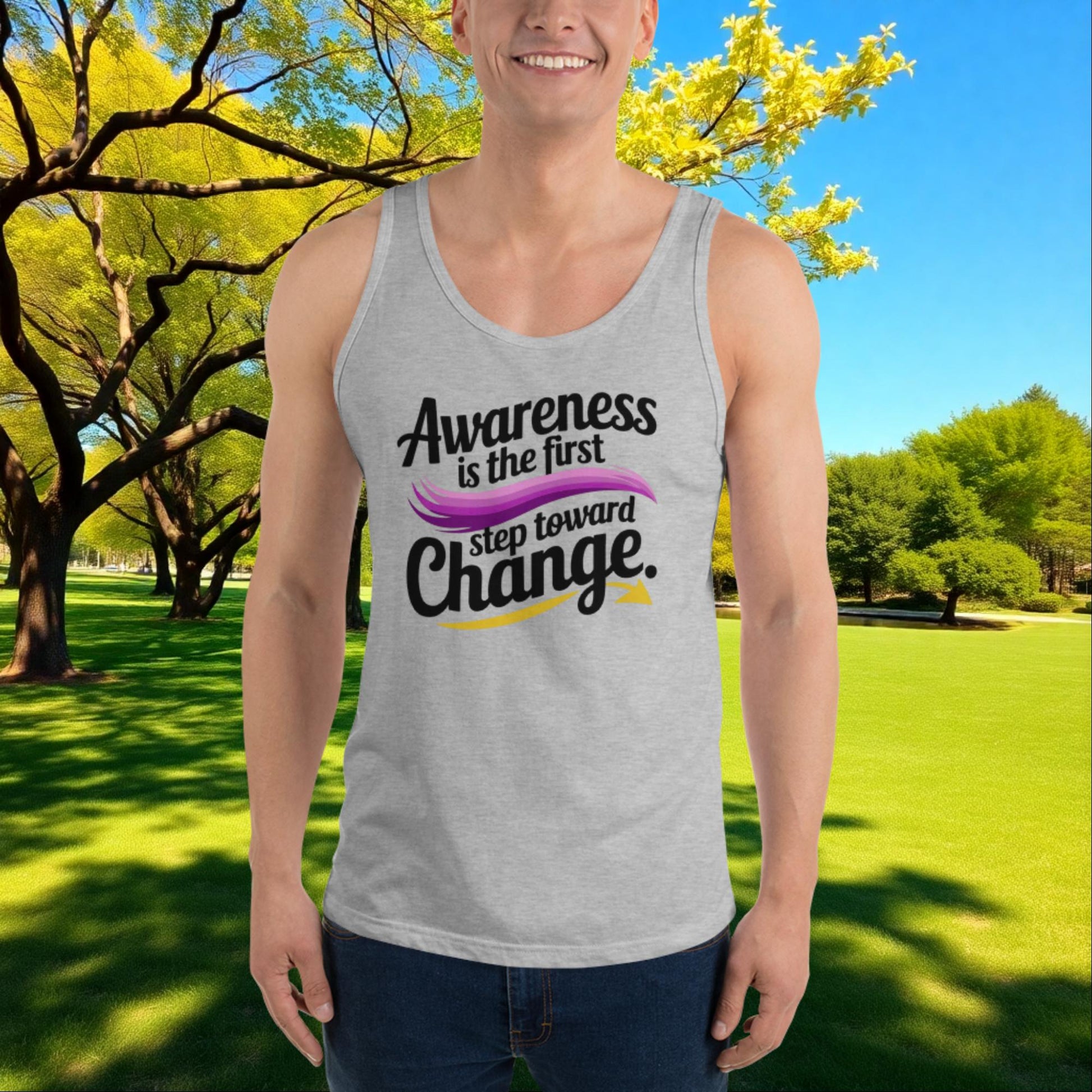 Awareness Is First Step Toward Change quote unisex tank top for survivors, advocates, and domestic violence support