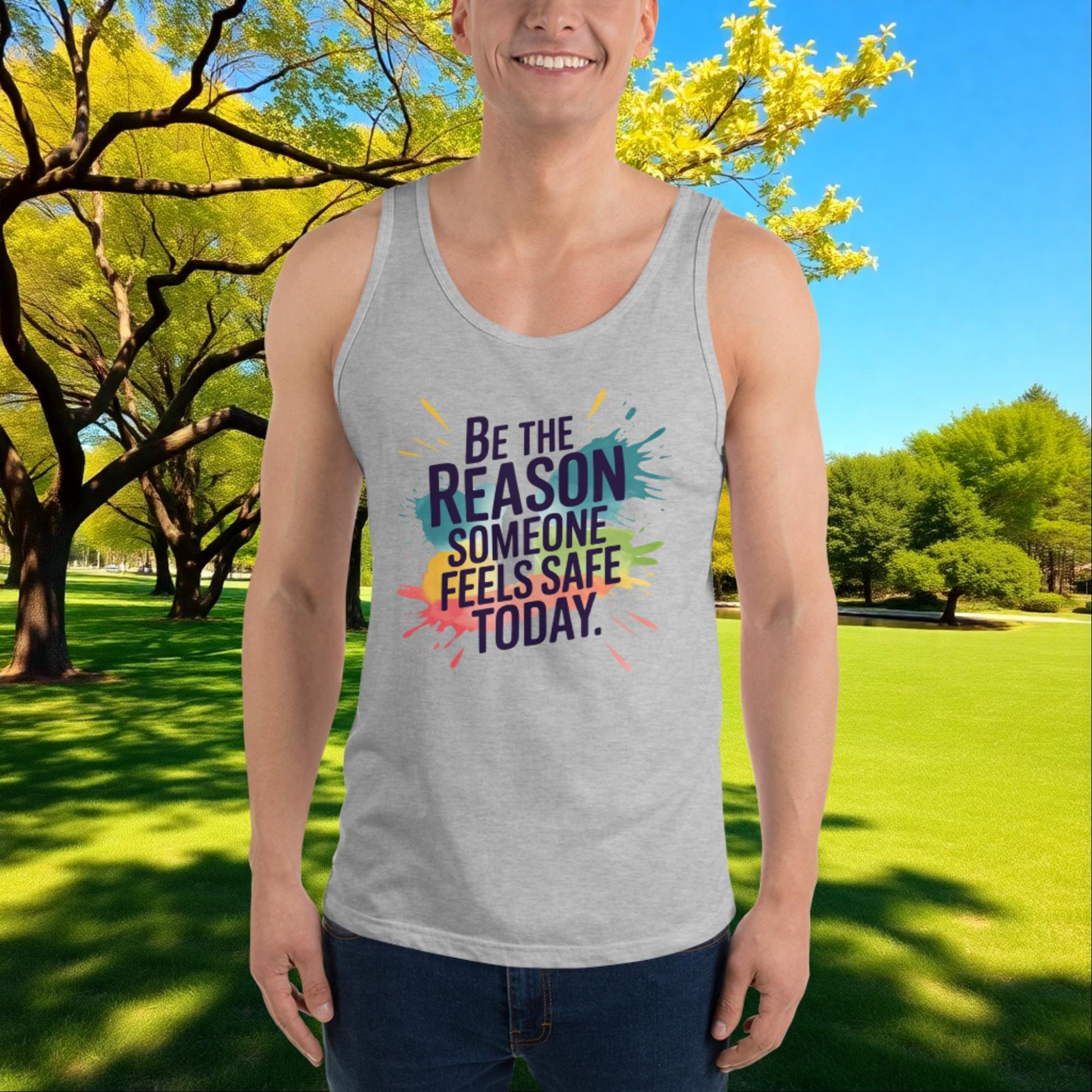 Be the Reason Someone Feels Safe Today quote unisex tank top, empowerment apparel for survivors, advocates, and mental health