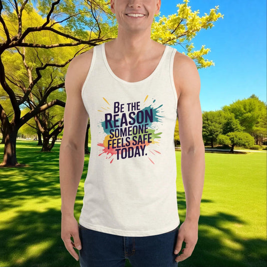 Be the Reason Someone Feels Safe Today quote unisex tank top, empowerment apparel for survivors, advocates, and mental health