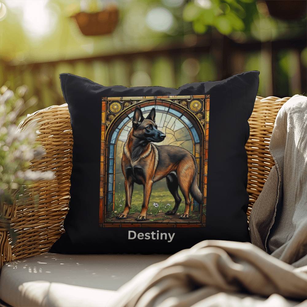 Fawn Sable Belgian Malinois Pillow, custom stained glass art gift for dog lovers and families