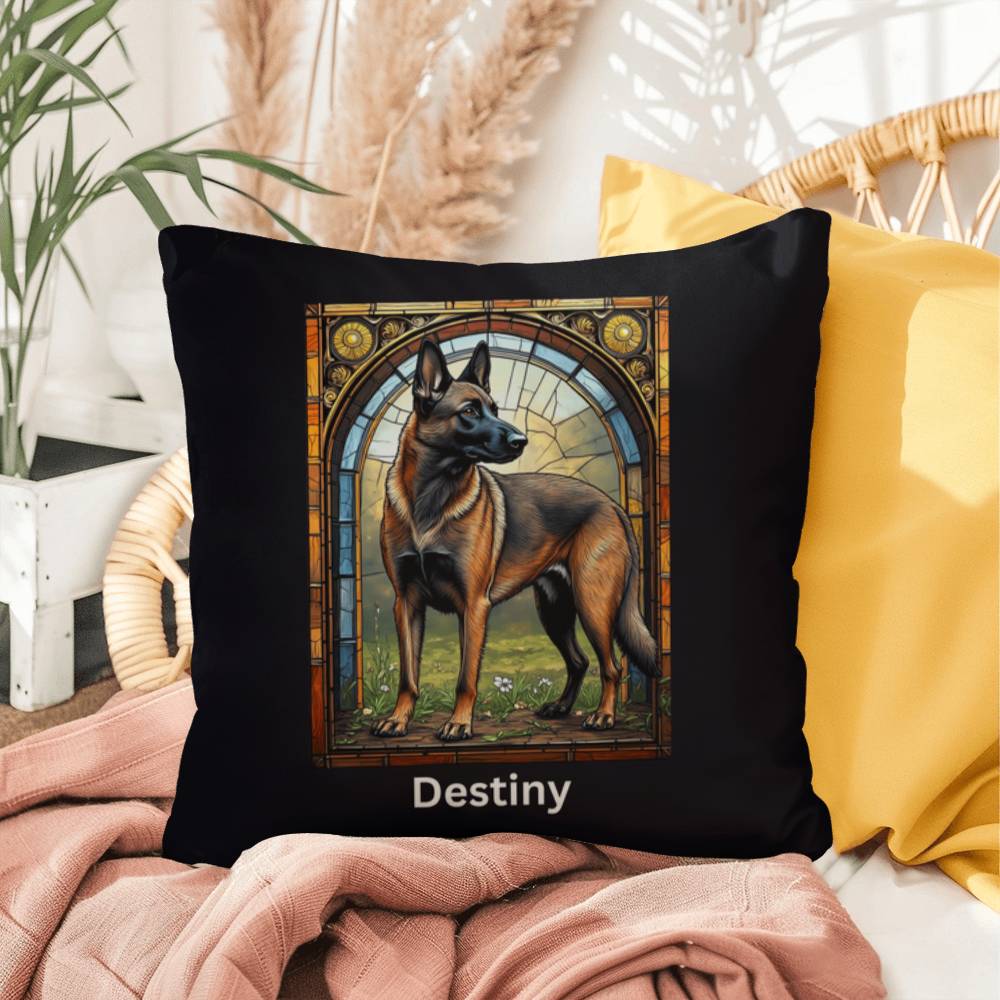 Fawn Sable Belgian Malinois Pillow, custom stained glass art gift for dog lovers and families