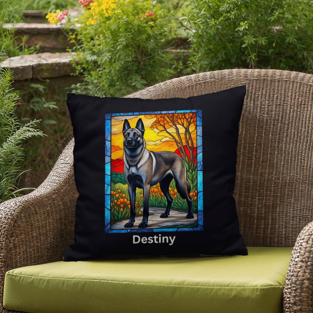Gray Sable Belgian Malinois Pillow, stained glass dog art, indoor/outdoor personalized throw