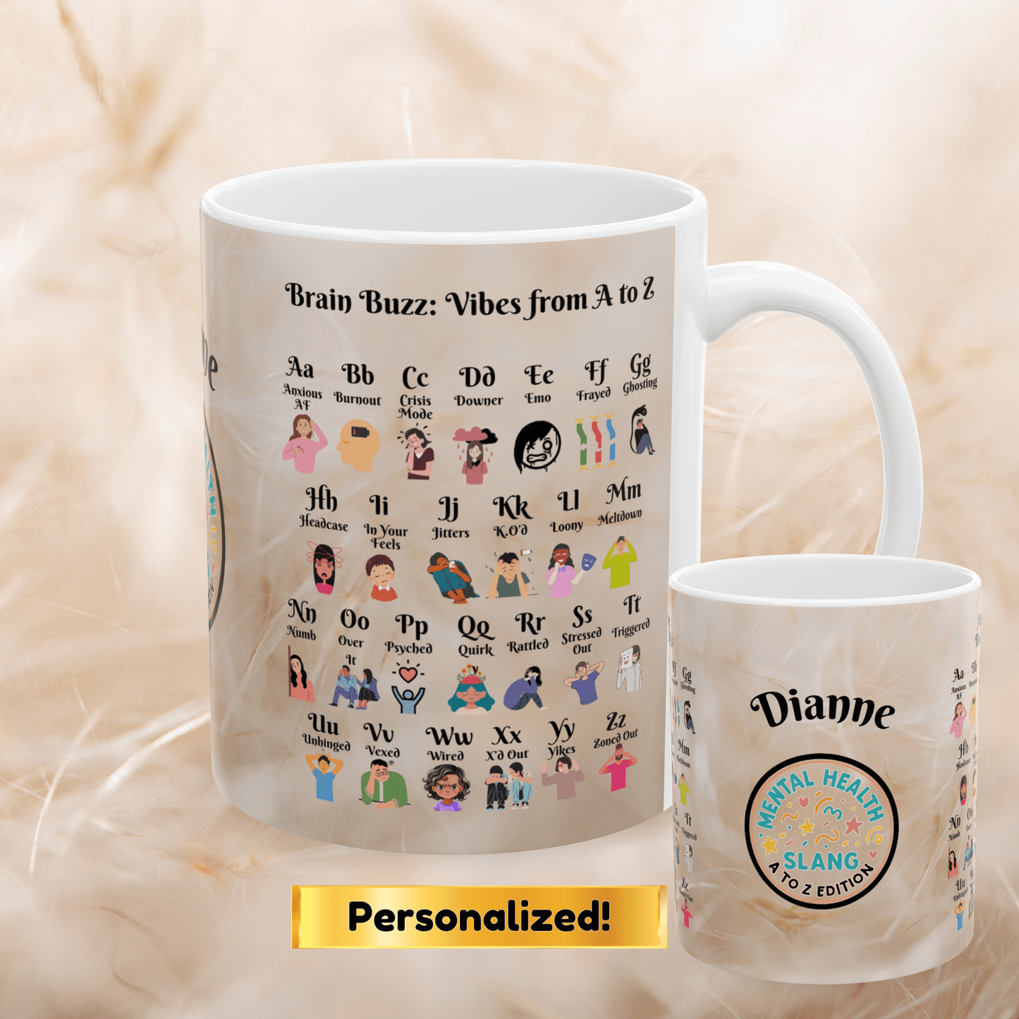 Brain Buzz Vibes A-Z Mug, Custom Mental Health Therapy Gift, Personalized Self-Care Coffee Cup
