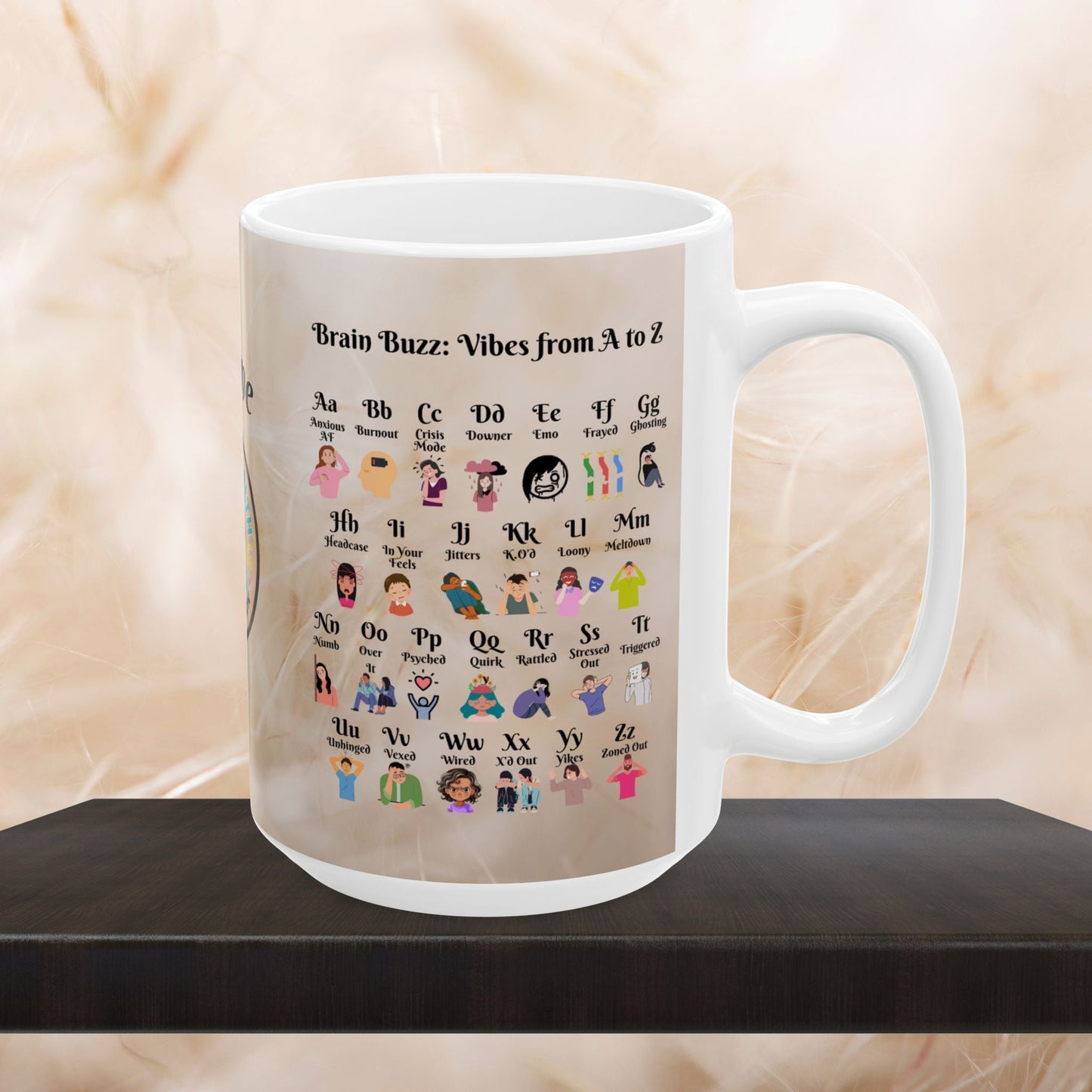 Brain Buzz Vibes A-Z Mug, Custom Mental Health Therapy Gift, Personalized Self-Care Coffee Cup