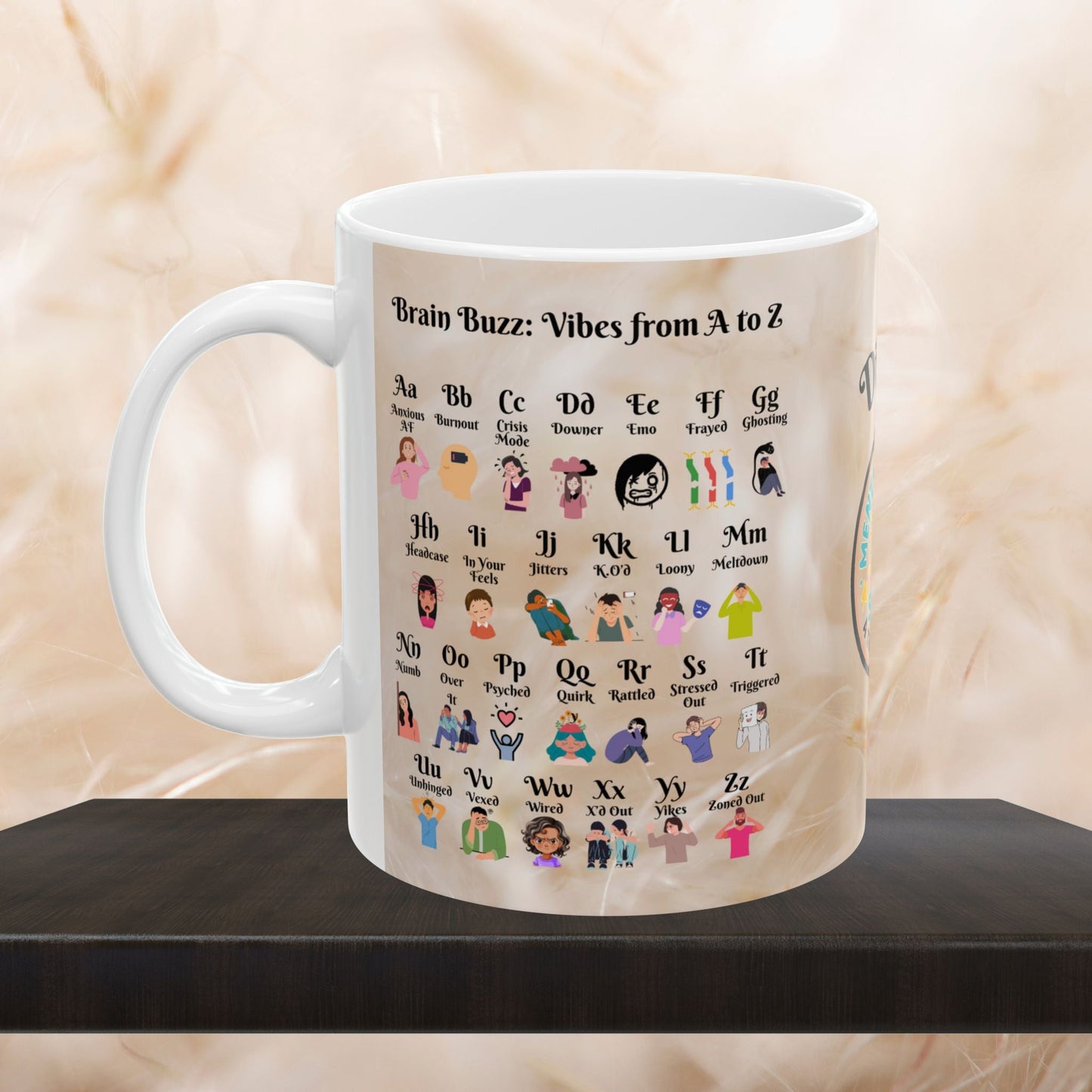 Brain Buzz Vibes A-Z Mug, Custom Mental Health Therapy Gift, Personalized Self-Care Coffee Cup