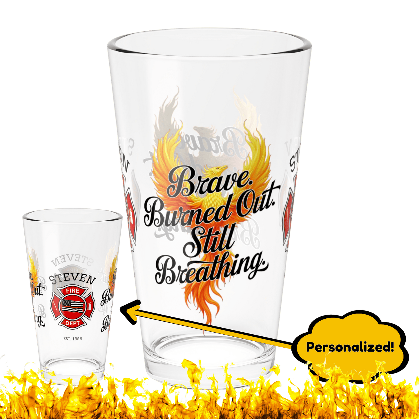 Brave, burned out, still breathing – pint glass supporting firefighters’ resilience and emotional wellness. - MySisterIsASurvivor