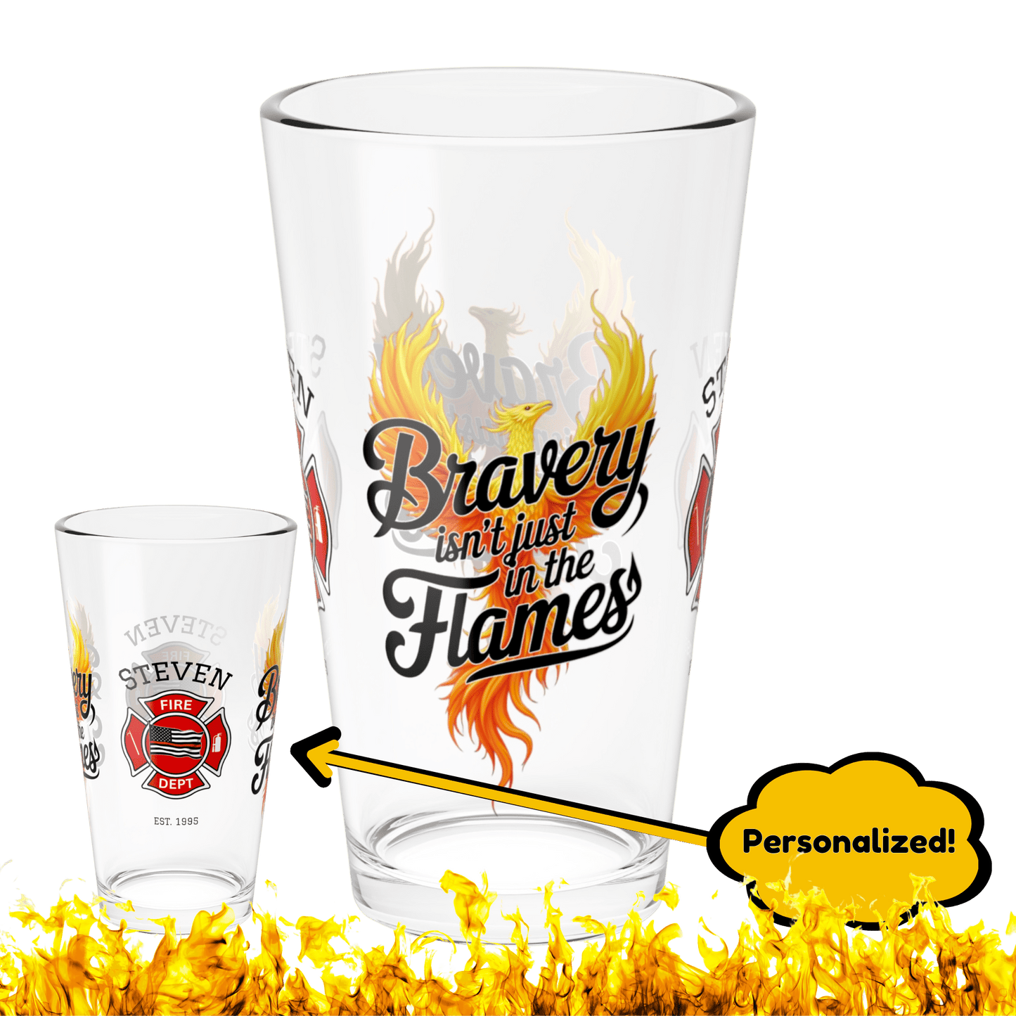 Courage and mental health support pint glass for firefighters who show bravery in and out of the flames. - MySisterIsASurvivor