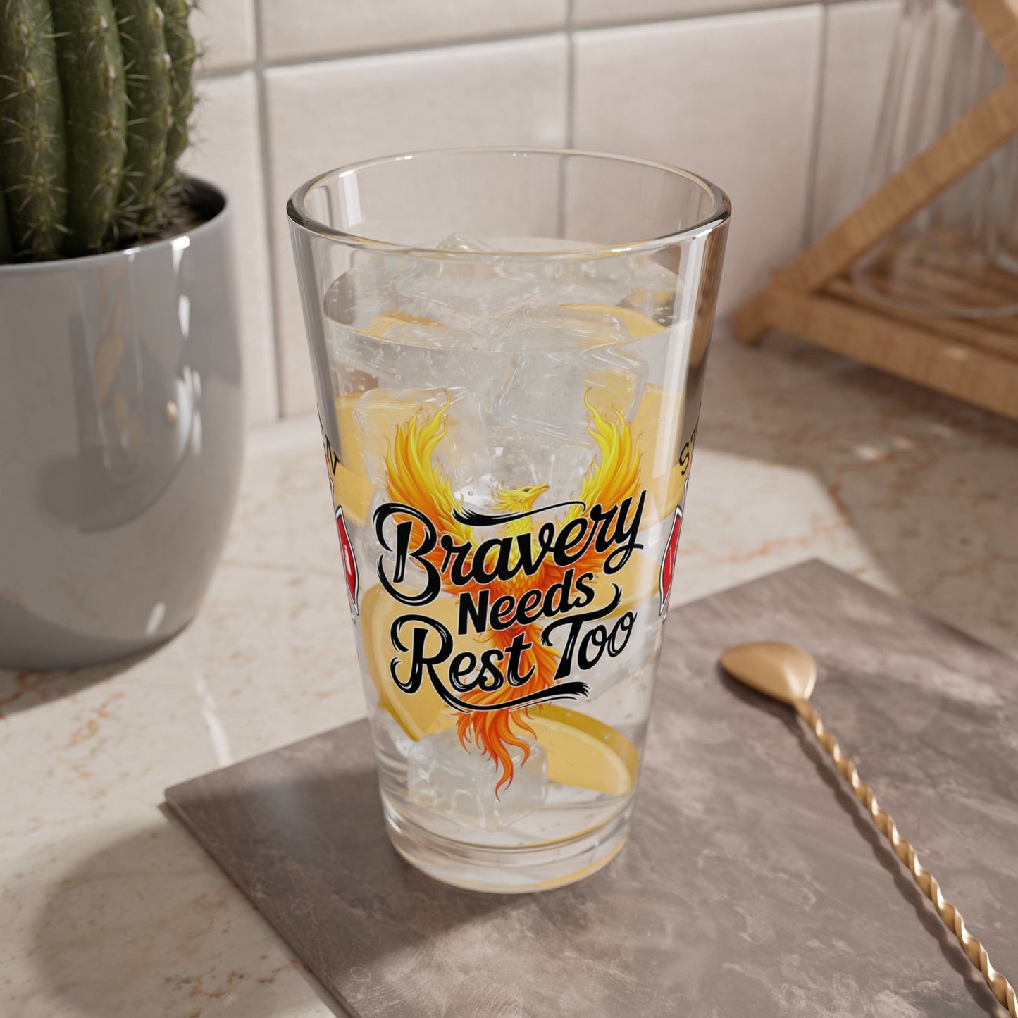 Bravery Needs Rest Too pint glass encouraging firefighters to recover, recharge, and care for their mental health. - MySisterIsASurvivor