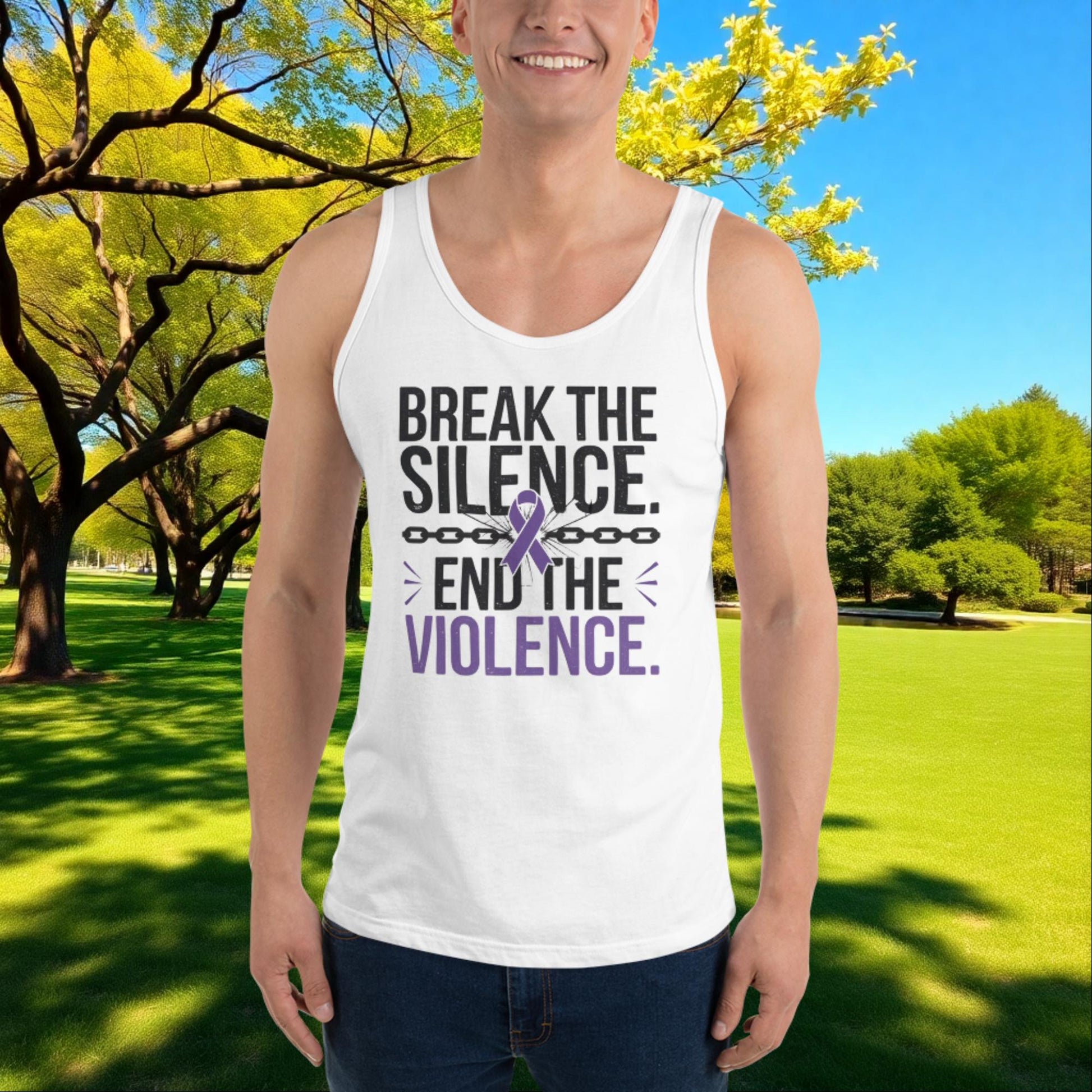Break the Silence, End Violence quote unisex tank top for survivor empowerment, domestic abuse awareness, and support