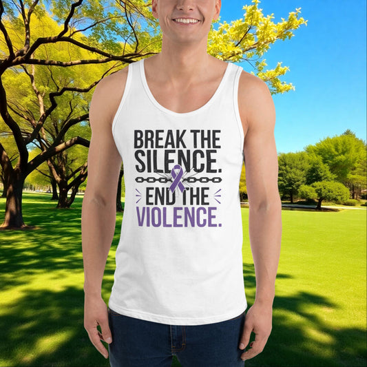 Break the Silence, End Violence quote unisex tank top for survivor empowerment, domestic abuse awareness, and support