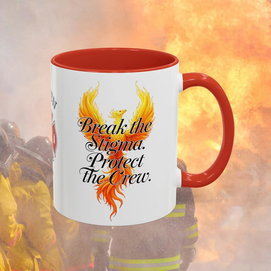 Shop our firefighter support mug break the stigma featuring the 11oz style option from MySisterIsASurvivor.