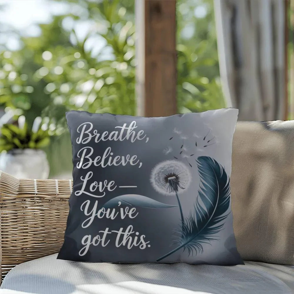 Shop our premium breathe believe love self care pillow from MySisterIsASurvivor.