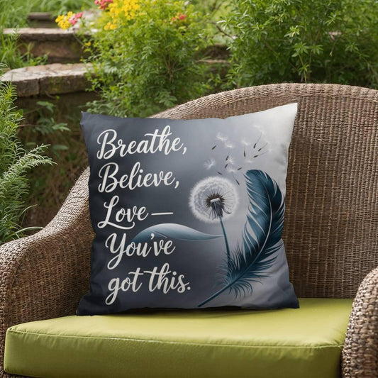Shop our breathe believe love self care pillow featuring the 18" x 18" style option from MySisterIsASurvivor.