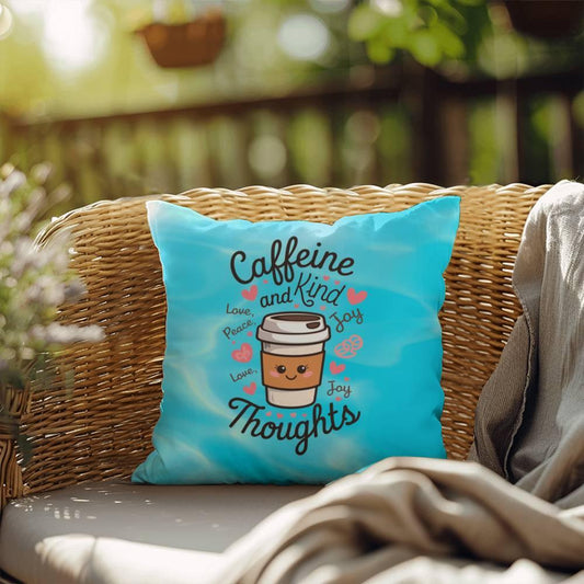 Shop our caffeine and kind thoughts indoor outdoor pillow featuring the 18" x 18" style option from MySisterIsASurvivor.