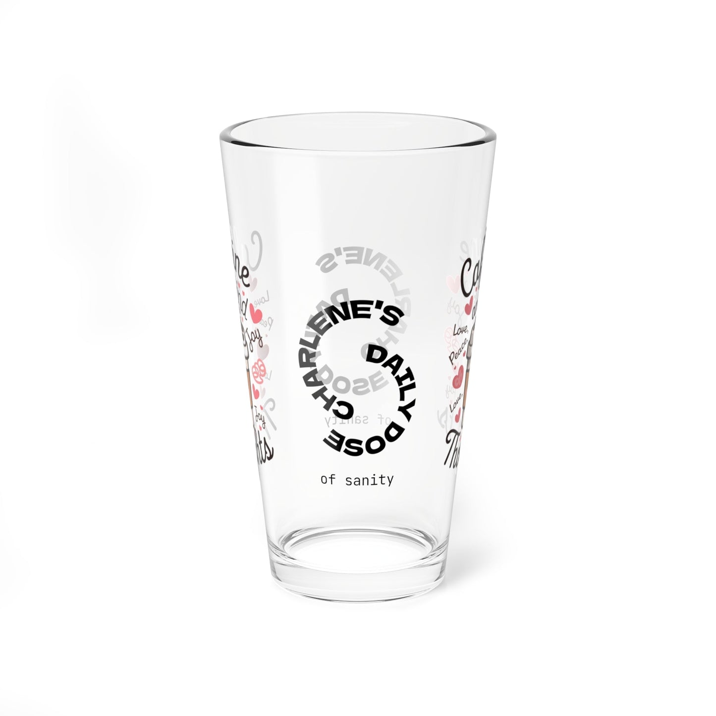 "Caffeine And Kind Thoughts" personalized funny pint glass with humor and daily doses of self-care and positivity.