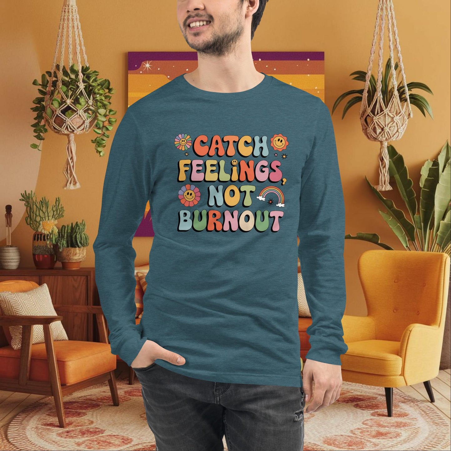 Catch Feelings Not Burnout Long Sleeve Tee - Personalized Retro Shirt for Emotional Wellness - MySisterIsASurvivor
