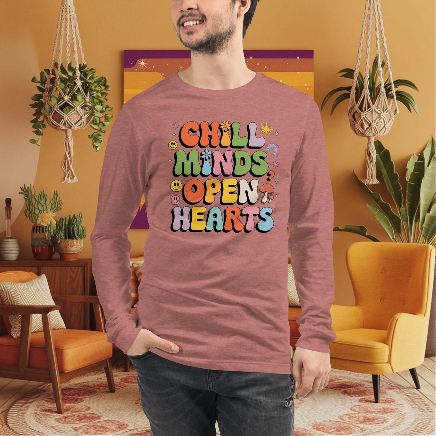 Chill Minds Open Hearts Long Sleeve Tee - Personalized Retro Shirt for Self - Love & Healing - MySisterIsASurvivor
