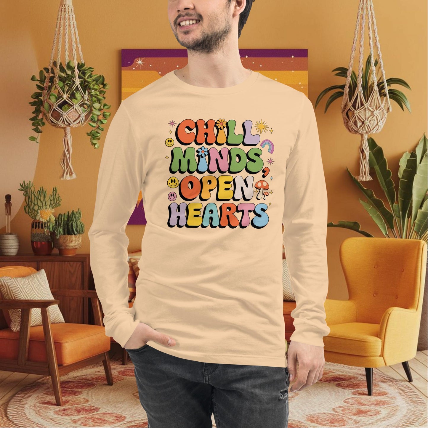 Chill Minds Open Hearts Long Sleeve Tee - Personalized Retro Shirt for Self - Love & Healing - MySisterIsASurvivor