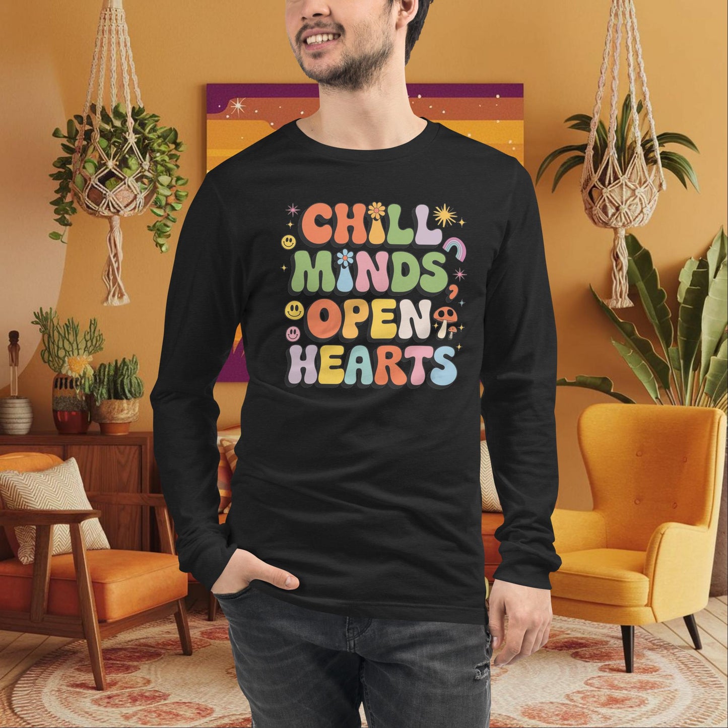 Chill Minds Open Hearts Long Sleeve Tee - Personalized Retro Shirt for Self - Love & Healing - MySisterIsASurvivor
