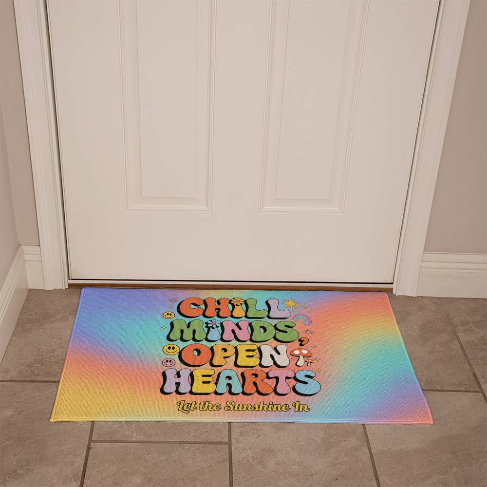 Chill Minds Open Hearts Personalized Welcome Mat - 21"x34" 70s Mental Wellness Rug - MySisterIsASurvivor