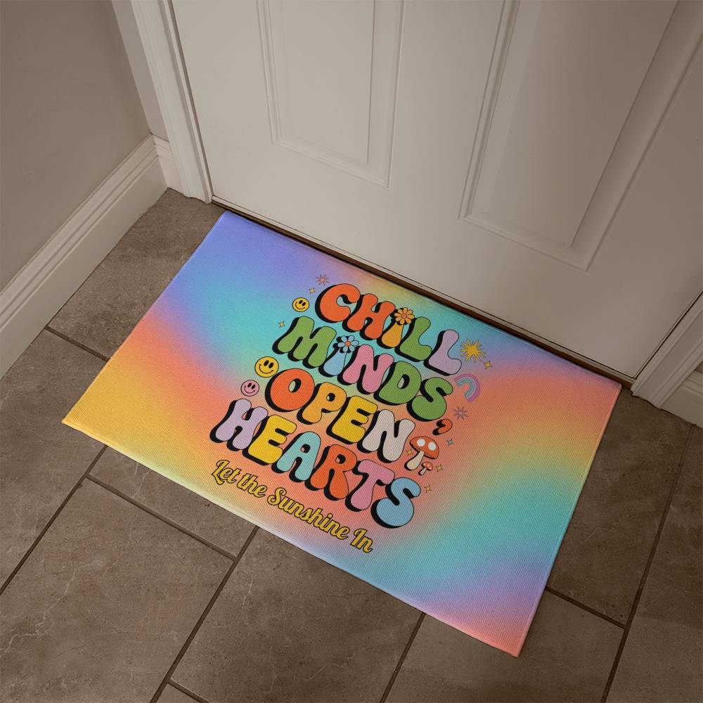 Chill Minds Open Hearts Personalized Welcome Mat - 21"x34" 70s Mental Wellness Rug - MySisterIsASurvivor