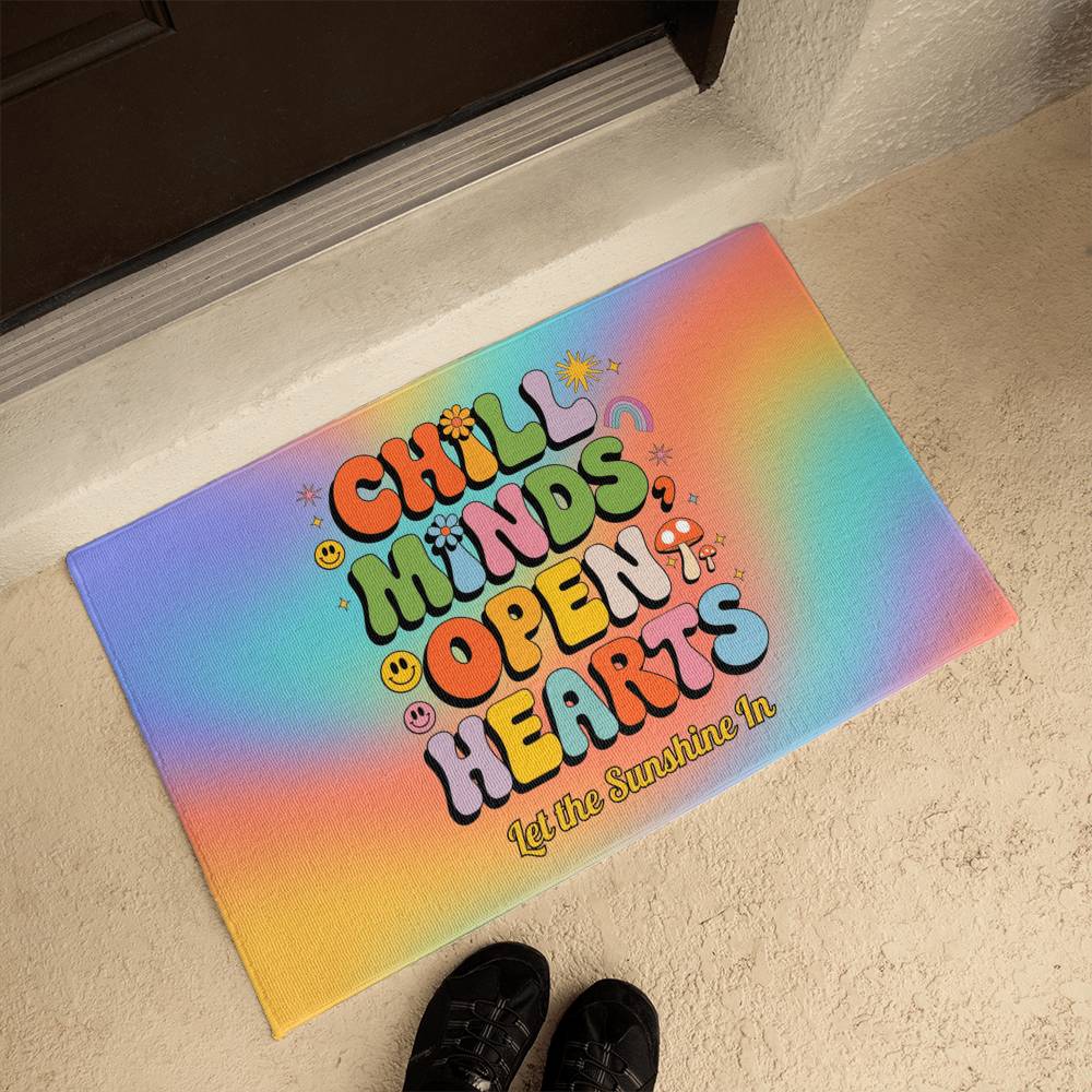 Chill Minds Open Hearts Personalized Welcome Mat - 21"x34" 70s Mental Wellness Rug - MySisterIsASurvivor