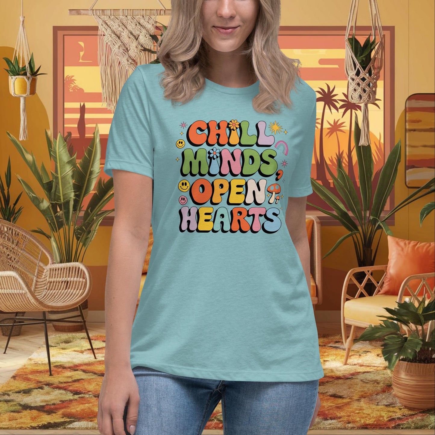 Chill Minds Open Hearts Women's Relaxed T-Shirt - Positive Vibes & Mental Health Shirt - MySisterIsASurvivor