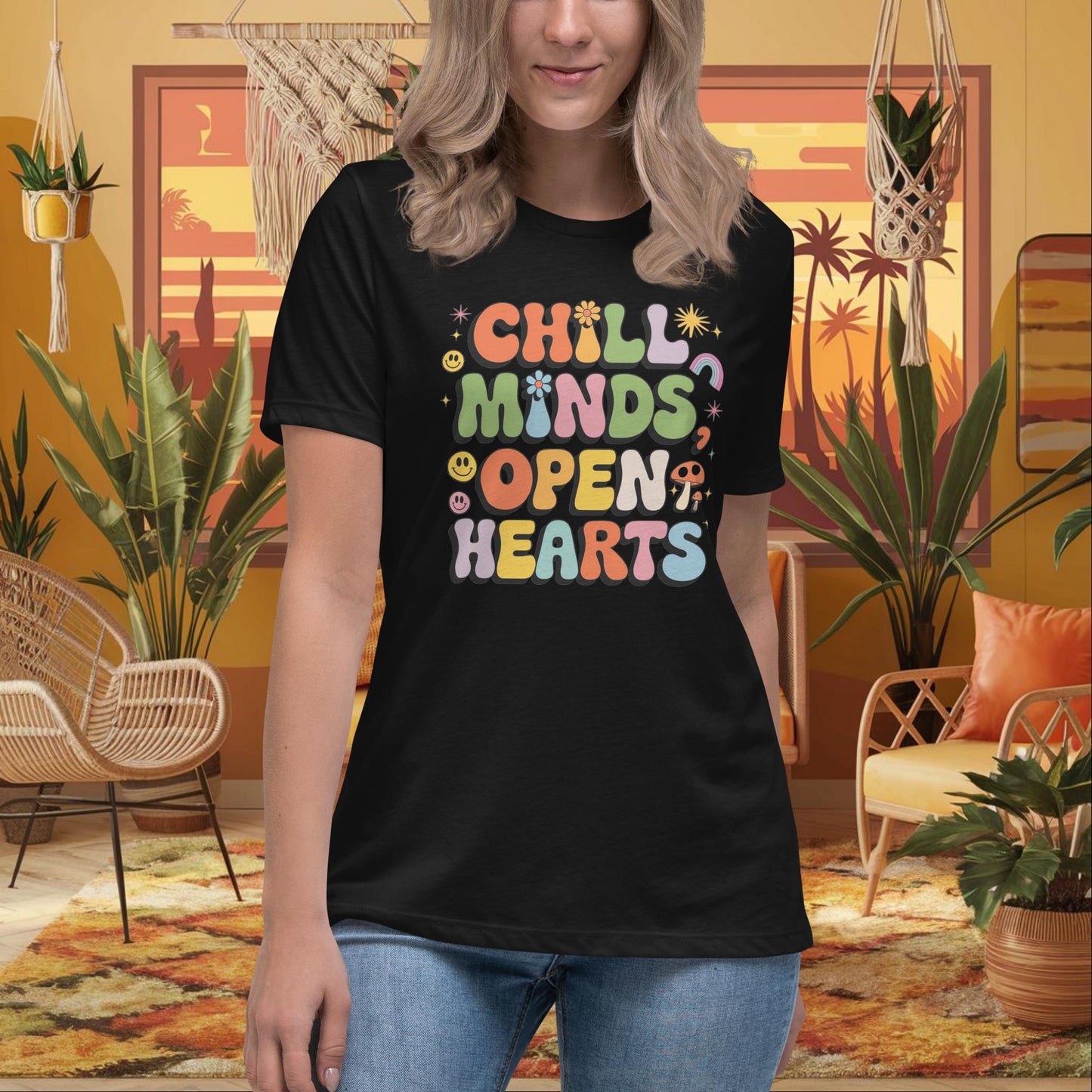 Chill Minds Open Hearts Women's Relaxed T-Shirt - Positive Vibes & Mental Health Shirt - MySisterIsASurvivor