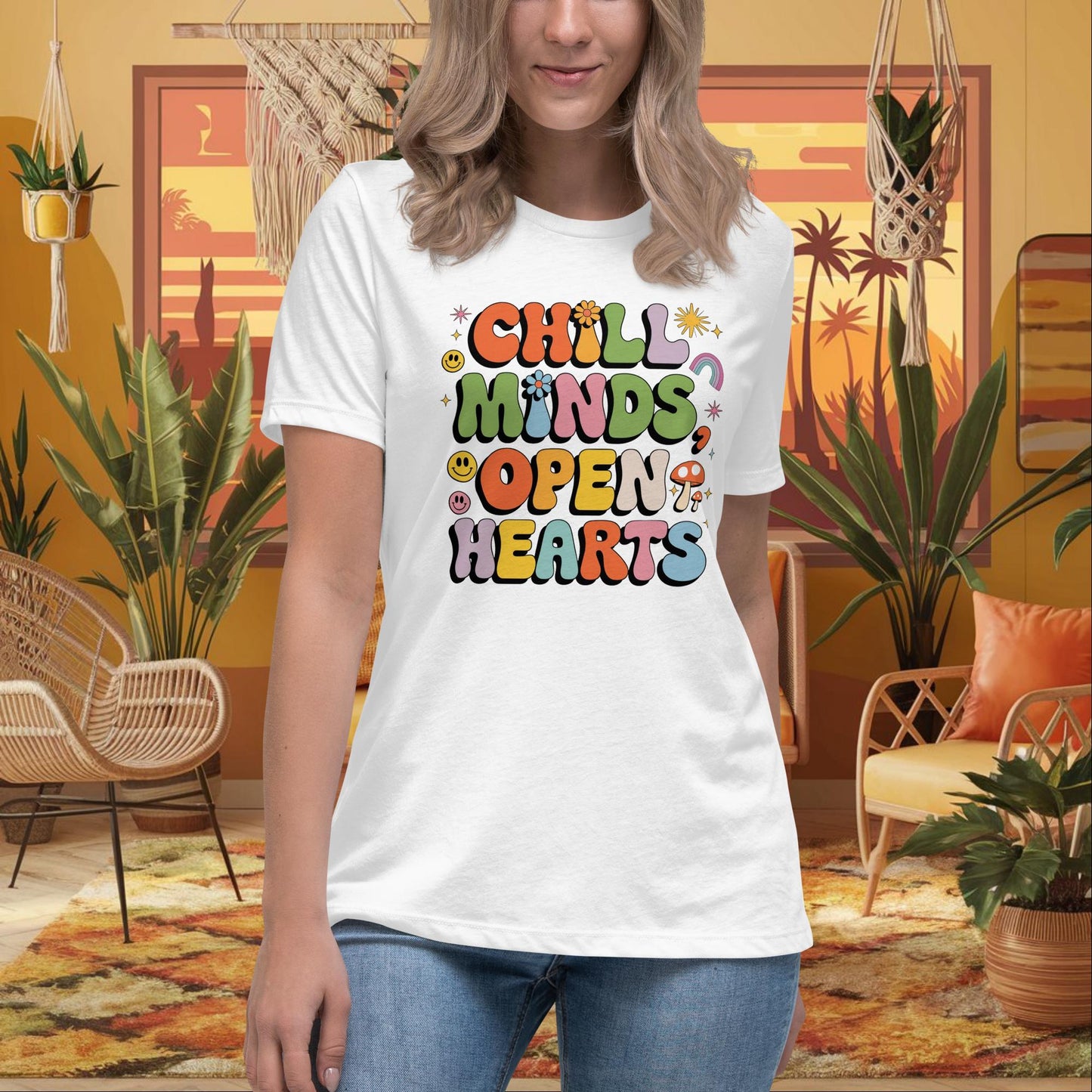 Chill Minds Open Hearts Women's Relaxed T-Shirt - Positive Vibes & Mental Health Shirt - MySisterIsASurvivor