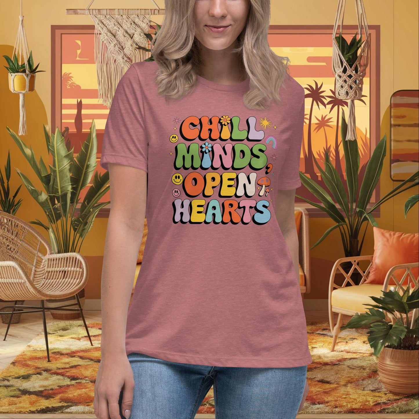 Chill Minds Open Hearts Women's Relaxed T-Shirt - Positive Vibes & Mental Health Shirt - MySisterIsASurvivor