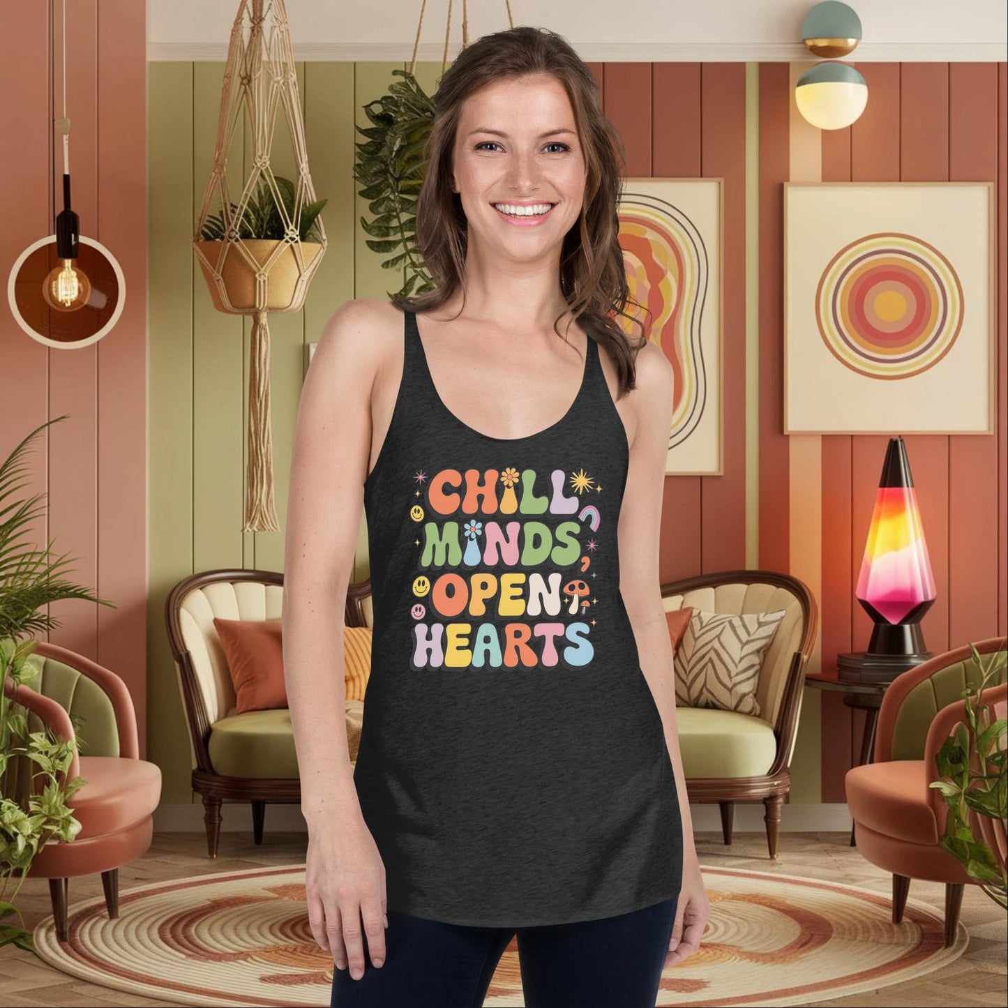 Chill Minds Open Hearts Women's Tank - Retro Mental Health Self - Care Racerback Shirt - MySisterIsASurvivor
