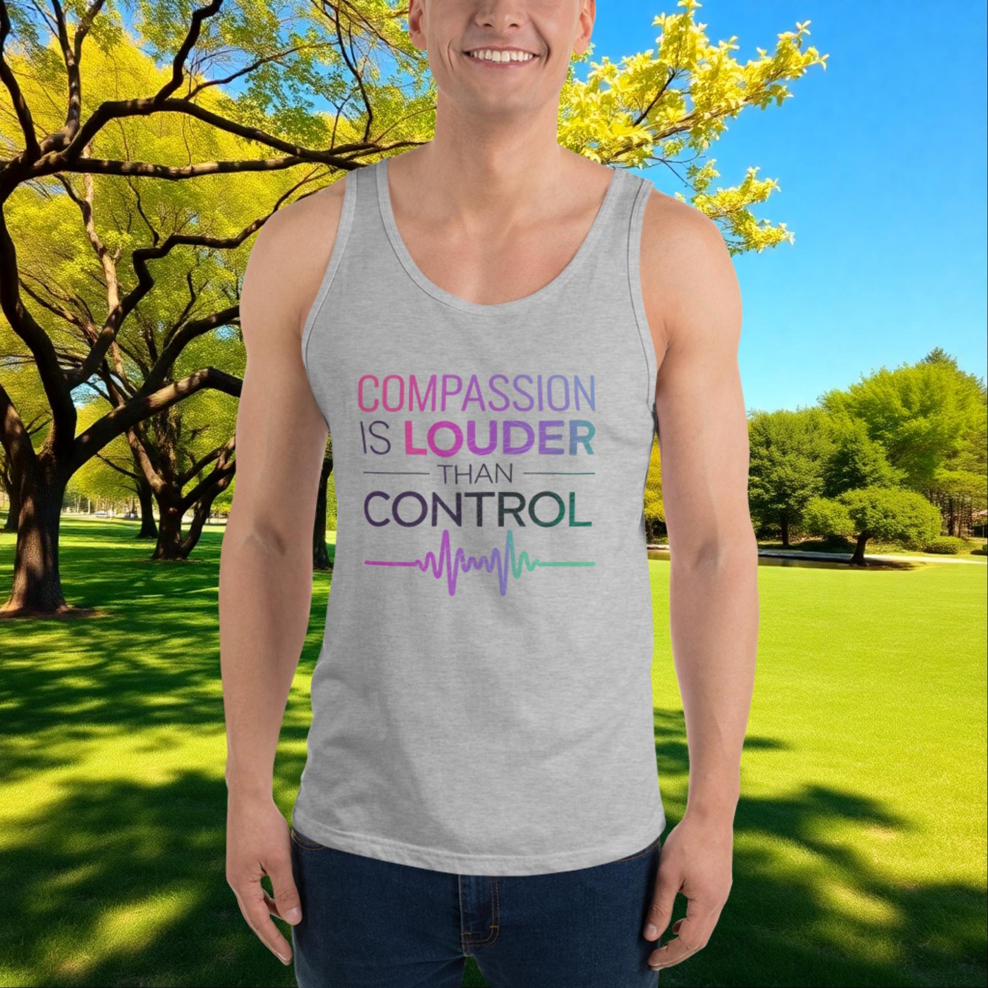 Compassion Over Control quote unisex tank top, mental health awareness apparel for advocates and survivor empowerment