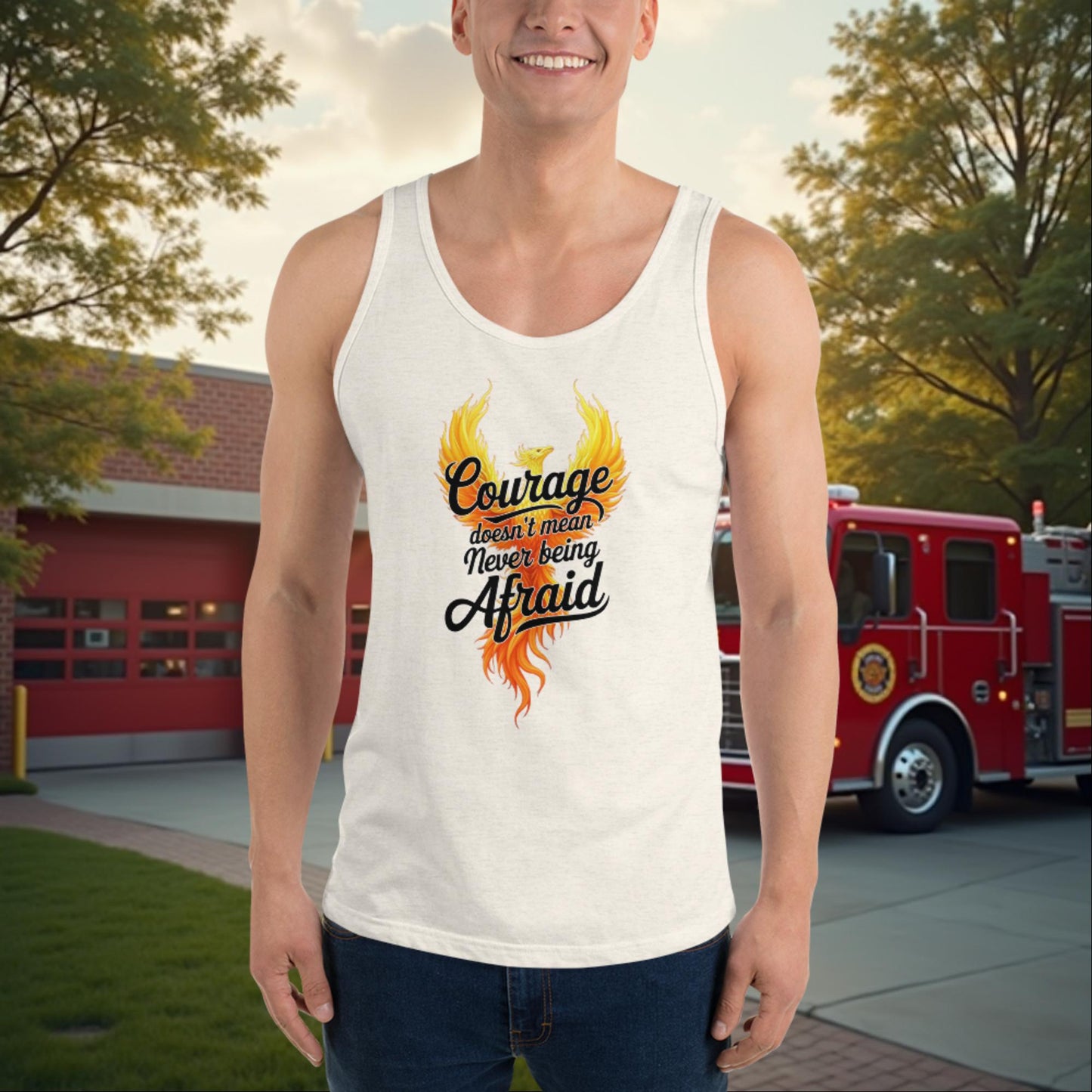 Courage Doesn't Mean Fearless - Personalized Firefighter Strength Tank, Resilience & Mental Health Gift - MySisterIsASurvivor