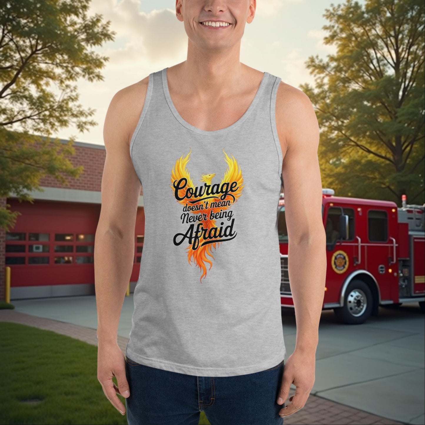 Courage Doesn't Mean Fearless - Personalized Firefighter Strength Tank, Resilience & Mental Health Gift - MySisterIsASurvivor