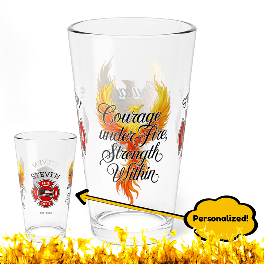 Courage Under Fire, Strength Within – firefighter pint glass supporting self-care and emotional wellness. - MySisterIsASurvivor