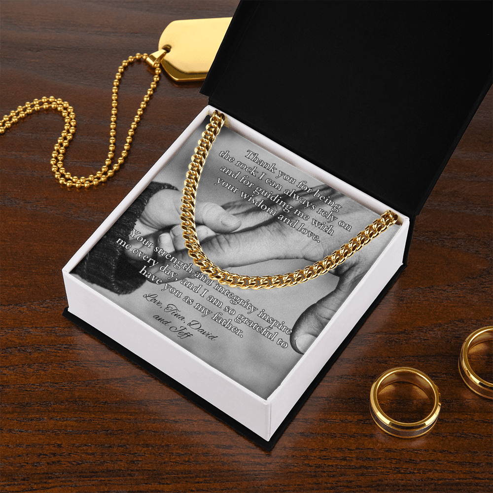 Cuban link chain necklace with “Thank You For Being The Rock” message – strong dad gift