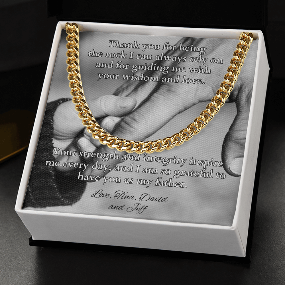 Cuban link chain necklace with “Thank You For Being The Rock” message – strong dad gift
