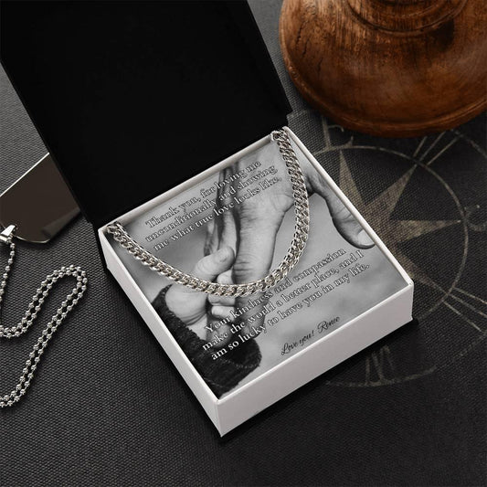 Cuban link chain with card reading “Thank You, For Loving Me” – heartfelt necklace for dad
