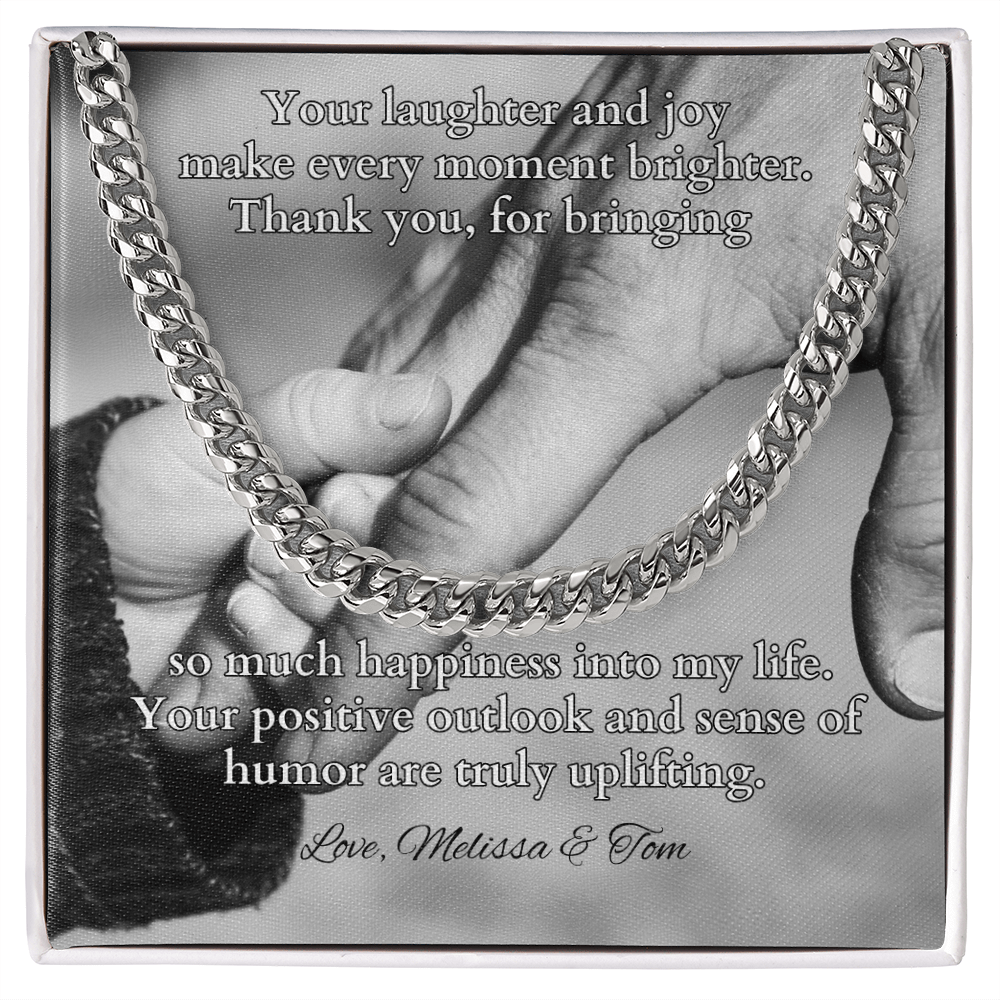 Cuban link chain with message “Your Laughter And Joy” – joyful dad keepsake necklace