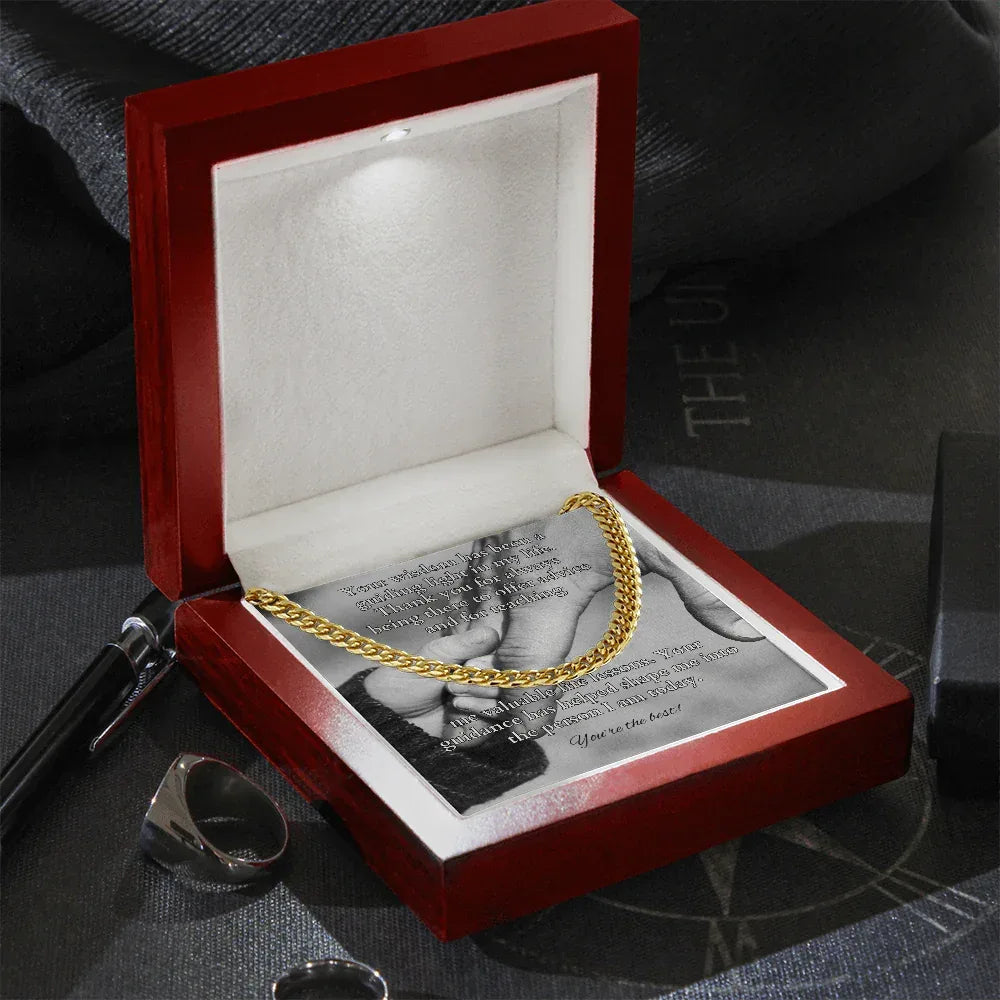Cuban link chain with message “Your Wisdom Has Been” – father figure or mentor necklace gift