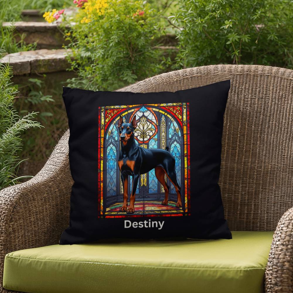 Black & Rust Doberman Stained Glass Pillow, personalized dog décor for indoor or outdoor use