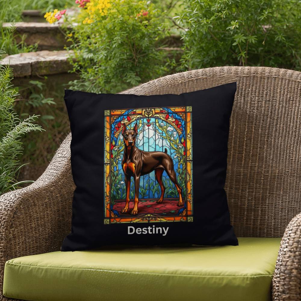 Brown & Rust Doberman Pillow, custom stained glass art with name personalization for pet lovers
